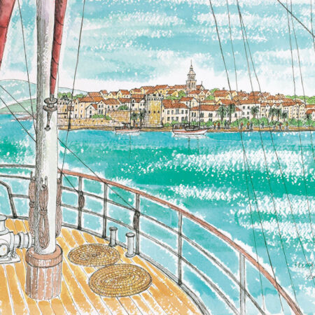 垣内宣子《帆船アモレナ号よりコルチュラ島を望む（クロアチア、アドリア海）》